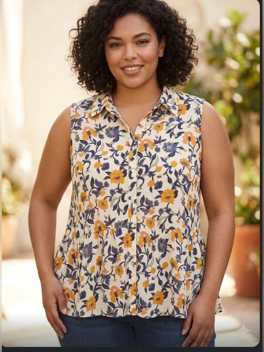 Lane Bryant 24 Blouse Top Sleeveless Peplum Floral Boho Cottagecore Linen